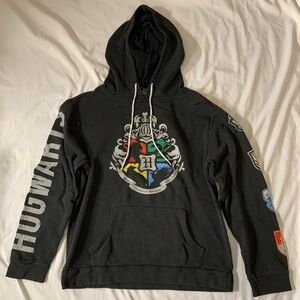 Black Hooded Pullover Sweater with Multicolor Crest and Sleeve Graphics